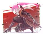  1girl armor darling_in_the_franxx everysketch002 fighting_stance horns japanese_armor japanese_clothes katana long_hair pink_hair ponytail pose prosthesis samurai sekiro sekiro:_shadows_die_twice snow solo sword weapon zero_two_(darling_in_the_franxx) zero_two_(kirby) 