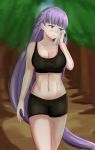  1girl breasts commission commissioner_upload fire_emblem fire_emblem:_the_binding_blade fire_emblem_heroes highres large_breasts long_hair midriff nature purple_eyes purple_hair short_shorts shorts solo sophia_(fire_emblem) sports_bra sportswear sweat tank_top tree very_long_hair zipperqr 