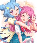  2girls ;d absurdres aikatsu!_(series) aikatsu_friends! aikatsu_stars! bangs blue_eyes blue_hair blue_skirt blush bow bowtie chouno_maika dated double_bun eyebrows_visible_through_hair hair_ornament hand_up happy_birthday haruka_ruka highres looking_at_viewer multiple_girls one_eye_closed open_mouth pink_hair purple_eyes red_bow red_neckwear sekina shirt short_sleeves skirt smile star_(symbol) star_hair_ornament suspender_skirt suspenders v white_shirt 