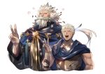  2boys armor beard biceps blue_cape cape cloak closed_eyes commentary_request dual_persona facial_hair fate/grand_order fate_(series) flower happy_aura highres male_focus multiple_boys muscular muscular_male no-kan open_mouth ptolemy_(fate) smile upper_body v white_background white_hair 