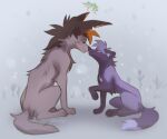 2023 ambiguous_gender artist_name blush canid canine digital_media_(artwork) dipstick_tail duo eye_contact feral fur grey_body grey_fur hyilpi looking_at_another mammal markings nose_to_nose notched_ear paws purple_body purple_fur tail tail_markings