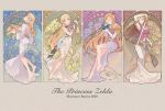  4girls barefoot blonde_hair blue_eyes braid brown_hair closed_eyes dress elbow_gloves feet flower gloves green_eyes harp head_tilt highres instrument looking_back master_sword multiple_girls multiple_persona ocarina parted_lips pointy_ears princess_zelda rust rutiwa sword the_legend_of_zelda the_legend_of_zelda:_breath_of_the_wild the_legend_of_zelda:_ocarina_of_time the_legend_of_zelda:_skyward_sword the_legend_of_zelda:_twilight_princess tiara toes weapon white_gloves 