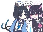  ... 1boy 2girls animal_ears ascot black_eyes black_hair black_hoodie blue_archive blue_neckerchief cat&#039;s_cradle cat_ears cat_girl cat_tail choker closed_mouth colored_inner_hair doodle_sensei_(blue_archive) extra_ears eye_contact girl_sandwich glaring hair_ornament hairclip halo hands_in_pockets haori hood hoodie japanese_clothes kazusa_(blue_archive) kikyou_(blue_archive) looking_at_another multicolored_hair multiple_girls multiple_tails neck_ribbon neckerchief nervous_sweating neshia_(tsaqif0309) pink_ascot red_eyes ribbon sailor_collar sandwiched sensei_(blue_archive) shirt short_hair spoken_ellipsis sweat tail upper_body v-shaped_eyebrows white_background white_shirt 