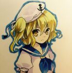  1girl blonde_hair blue_background blue_neckerchief blue_sailor_collar closed_mouth commentary_request flat_chest frown hat kaigen_1025 kitashirakawa_chiyuri marker_(medium) medium_hair neckerchief puffy_short_sleeves puffy_sleeves sailor_collar sailor_hat sailor_shirt shirt short_sleeves simple_background solo touhou touhou_(pc-98) traditional_media twintails white_background white_headwear yellow_eyes 