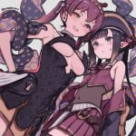  2girls bare_shoulders blunt_bangs blush breasts cleavage cosplay costume_switch heterochromia hololive hololive_english houshou_marine kuroboshi_kouhaku large_breasts long_hair looking_at_viewer multiple_girls ninomae_ina&#039;nis open_mouth pointy_ears purple_eyes purple_hair red_eyes red_hair smile virtual_youtuber yellow_eyes 
