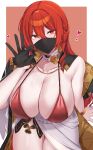  1girl absurdres bikini black_choker breasts choker collarbone commentary fellatio_gesture gloves highres himeko_(honkai:_star_rail) honkai:_star_rail honkai_(series) huge_breasts kanta_(kanta_077) long_hair looking_at_viewer mask mole mole_on_breast mouth_mask red_bikini red_eyes red_hair solo swimsuit thighs 