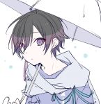  1boy black_hair copyright_request hair_between_eyes holding holding_umbrella kuroi_(liar-player) looking_at_viewer male_focus parted_lips purple_eyes purple_shirt shirt simple_background solo twitter_username umbrella upper_body white_background white_umbrella 