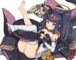  1girl absurdres animal_ears ass bangs bare_shoulders barefoot black_dress black_gloves blue_eyes blunt_bangs breasts can chips chopsticks cup_ramen detached_sleeves dress drink drinking_straw eyebrows_visible_through_hair floating fluf.p food fur_choker gloves halo highres holding hololive hololive_english kimetsu_no_yaiba legs_up levitation long_hair lying manga_(object) ninomae_ina&#039;nis nintendo_switch on_back panties pointy_ears potato_chips purple_hair single_thighhigh small_breasts solo sprite_(drink) strapless strapless_dress tentacle_hair tentacles thighhighs tiara underwear virtual_youtuber white_legwear white_panties 