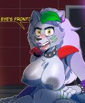 angry anthro big_breasts blush breasts canid canine canis chest_tuft clothing collar colored_nails dark_nipples digital_media_(artwork) ear_piercing embarrassed exposed_breasts female five_nights_at_freddy&#039;s five_nights_at_freddy&#039;s:_security_breach fur green_nails grey_hair hair hand_on_leg hi_res looking_at_viewer machine mammal nails nipples nude piercing roxanne_wolf_(fnaf) scottgames simple_background solo sos_or_loss steel_wool_studios text tuft wolf
