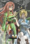  2girls absurdres antlers blonde_hair blue_eyes braid chinese_zodiac dragon_girl dragon_horns dragon_tail hataori_(user_ddmh2554) highres hong_meiling horns kicchou_yachie long_hair multiple_girls red_eyes red_hair short_hair tail touhou turtle_shell twin_braids year_of_the_dragon 