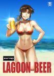  1girl alcohol alternate_costume azasuke barefoot beach beer beer_mug bikini black_lagoon blue_eyes blue_sky breasts brown_hair clenched_hand cup day drinking_glass english_text full_body grin hand_on_own_hip highres holding holding_cup kneeling long_hair looking_at_viewer mug navel ocean outdoors ponytail red_bikini revy_(black_lagoon) shoulder_tattoo sky smile solo swimsuit tattoo 