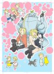  1girl 2boys :d ^_^ age_comparison alphonse_elric animal animal_on_head ankle_boots apron aqua_background arm_support armor automail bent_over bird bird_on_hand bird_on_head black_footwear black_gloves black_skirt blonde_hair blue_short blush blush_stickers boots border chibi child closed_eyes commentary_request cookie cross-laced_footwear crossed_ankles cup den_(fma) dog dot_nose dress eating edward_elric facing_away floral_print food food_in_mouth full_body fullmetal_alchemist gloves happy indian_style jacket jar laughing looking_at_animal looking_at_another looking_back looking_down multiple_boys no_nose on_head open_mouth outline outstretched_arm oven_mitts pants polka_dot polka_dot_background ponytail profile red_dress red_jacket sandals shirt short short_hair sidelocks simple_background sitting skirt smile socks striped striped_shirt teacup teenage tray vertical-striped_shirt vertical_stripes walking white_border white_footwear white_gloves white_legwear white_outline white_pants winry_rockbell yellow_apron younger |_| 