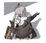  1girl 2t_(vmyz7342) bolt_action cheytac_m200 cowboy_shot cropped_legs girls&#039;_frontline gloves grey_hair gun highres jacket looking_back m200_(girls&#039;_frontline) medium_hair pleated_skirt ponytail purple_eyes rifle shirt single_glove skirt sniper_rifle solo weapon white_shirt 