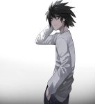  1boy black_eyes black_hair black_pants closed_mouth death_note expressionless highres jourd4n l_(death_note) long_sleeves looking_to_the_side male_focus messy_hair pale_skin pants shirt solo standing white_shirt 