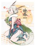  1girl 2024 back_bow bare_shoulders barefoot between_legs blue_eyes blue_kimono bow chinese_zodiac commentary dragon_horns dragon_tail egasumi from_side full_body fur-trimmed_kimono fur_trim hand_between_legs highres holding horns japanese_clothes kimono kneeling looking_at_viewer on_floor open_mouth original pointy_ears red_bow short_hair side_slit sleeveless sleeveless_kimono solo tail tsukudani_yosuke white_hair year_of_the_dragon 
