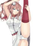  1girl blue_eyes breast_pocket breasts brown_hair dress eyebrows_visible_through_hair hair_between_eyes highres impossible_clothes kantai_collection large_breasts leg_up long_hair looking_at_viewer meme neckerchief panties pocket red_legwear red_neckwear saratoga_(kantai_collection) side_ponytail simple_background smile smokestack_hair_ornament solo split standing standing_on_one_leg standing_split thighhighs underwear white_background white_dress white_panties yamato_(083) 