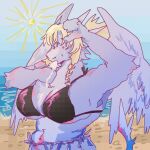 anthro beach big_breasts bikini blonde_hair breasts clothing dessert dragon dripping female food gooeydragonz hair hi_res ice_cream seaside solo swimwear tight_clothing tight_fit