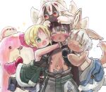  1boy 2girls 2others :&lt; animal_ears blonde_hair brown_eyes brown_hair cj6f2lx08scrrc9 claws drooling faputa green_eyes grey_hair group_hug hug maaa made_in_abyss mechanical_arms meinya_(made_in_abyss) multiple_girls multiple_others nanachi_(made_in_abyss) rabbit_ears regu_(made_in_abyss) riko_(made_in_abyss) white_fur white_hair 