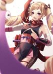  1girl absurdres bare_shoulders blonde_hair drill_hair earrings elise_(fire_emblem) elise_(ninja)_(fire_emblem) fire_emblem fire_emblem_fates fire_emblem_heroes highres jewelry looking_at_viewer multicolored_hair purple_eyes red_scarf reia_hana scarf scroll sleeveless smile solo streaked_hair twin_drills 