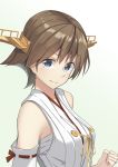  1girl bare_shoulders blue_eyes brown_hair clenched_hand commentary detached_sleeves eyebrows_visible_through_hair hair_between_eyes headgear hiei_(kantai_collection) highres japanese_clothes kantai_collection looking_at_viewer negahami nontraditional_miko remodel_(kantai_collection) ribbon-trimmed_sleeves ribbon_trim sarashi short_hair solo 