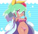  1girl beachhime bikini blush breasts flower green_hair grin hair_flower hair_ornament high_ponytail long_hair looking_at_viewer multicolored_hair navel nollety pink_hair smile solo swimsuit two-tone_hair undressing youkai_watch 