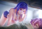  2girls all_fours assault_lily bare_arms bare_shoulders bed bent_over blanket blue_eyes blue_shorts blurry blurry_background blurry_foreground breasts bunk_bed cleavage closed_eyes collarbone commentary_request cowboy_shot crop_top curtains day dolphin_shorts hand_in_own_hair hand_up hitotsuyanagi_riri indoors itou_shizu_(assault_lily) long_hair looking_at_another lying medium_breasts multiple_girls nenshuu5man on_side open_mouth pink_hair purple_eyes purple_tank_top short_hair short_shorts shorts sidelocks sleeping sunlight swept_bangs tank_top under_covers window 