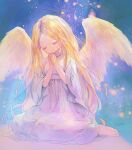  1girl 888myrrh888 angel angel_wings barefoot blonde_hair closed_eyes dress feathered_wings highres interlocked_fingers long_hair original own_hands_together signature sitting solo sparkle star_(symbol) very_long_hair white_dress white_wings wide_sleeves wings 