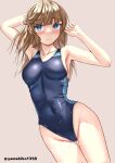  1girl blue_eyes blue_one-piece_swimsuit blush breasts brown_background collarbone competition_swimsuit covered_navel embarrassed gradient_background hair_bun highres kantai_collection light_brown_hair long_hair looking_at_viewer medium_breasts mizuki_(uzuki_no_sato) one-piece_swimsuit ranger_(kancolle) solo swimsuit twitter_username 
