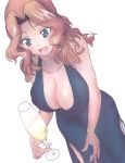  1girl :d alcohol blonde_hair blue_dress blue_eyes breasts champagne champagne_flute cleavage commentary cup dress drinking_glass dutch_angle eyebrows_visible_through_hair formal girls_und_panzer hair_intakes halterneck highres holding holding_cup kay_(girls_und_panzer) kyougi_sharyou large_breasts long_dress long_hair looking_at_viewer open_mouth side_slit simple_background sleeveless sleeveless_dress smile solo standing white_background 