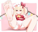  1girl absurdres akabashi_yuusuke ascot barefoot blonde_hair bloomers blush border breasts commentary_request crystal fangs feet fingernails flandre_scarlet foot_focus foot_out_of_frame grin hat highres looking_at_viewer mob_cap nail_polish open_mouth pink_background pink_nails puffy_short_sleeves puffy_sleeves reclining red_eyes red_shirt red_skirt shadow shirt short_sleeves side_ponytail sitting skirt small_breasts smile soles solo steam toes touhou underwear white_bloomers white_border white_headwear white_shirt wings yellow_ascot 