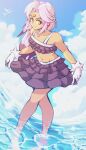  1girl bird blaze_the_cat blue_sky cloud earrings forehead_jewel fur-trimmed_gloves fur_trim gloves highres humanization jewelry long_hair looking_at_viewer midriff nano_(nanolovesyou) ocean purple_hair seagull sky smile sonic_(series) swimsuit water white_gloves yellow_eyes 