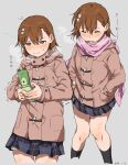  1girl blue_skirt brown_coat brown_eyes brown_hair buttons cellphone coat double-breasted flip_phone frog grey_background highres misaka_mikoto multiple_views nervous phone pink_scarf plaid plaid_skirt scarf shadow skirt solo takatisakana text_messaging toaru_majutsu_no_index 