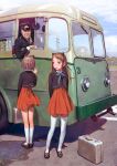  1boy 2girls animal_ears black_shirt briefcase brown_eyes brown_hair bus cat_ears loafers long_hair motor_vehicle multiple_girls murata_range red_skirt ribbon school_uniform shirt shoes short_hair skirt socks thighhighs thighs uniform 