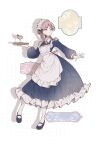  1girl alternate_costume apron arknights blue_dress blue_eyes blue_poison_(arknights) braid cup dress drink drop_shadow enmaided full_body highres holding holding_tray long_sleeves looking_at_viewer maid maid_headdress medium_hair pantyhose pink_hair scales simple_background solo tray twin_braids white_apron white_background white_pantyhose ya_(witchroy) 
