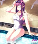  1girl absurdres artist_name breasts cleavage commentary covered_navel english_commentary eyewear_on_head green_eyes highres instagram_username large_breasts long_hair murplepuke one-piece_swimsuit original pool purple_hair sitting soaking_feet solo swimsuit twitter_username watermark white_one-piece_swimsuit 