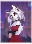 2024 anthro blurred_background canid canid_demon clothed clothing collar demon digital_media_(artwork) dress female fur gloves hair handwear hellhound helluva_boss hi_res looking_at_viewer loona_(helluva_boss) mammal red_sclera solo spiked_collar spikes white_body white_fur white_hair yshanii