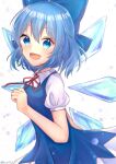  1girl blue_bow blue_dress blue_eyes blue_hair blush bow cirno collared_shirt cowboy_shot detached_wings dress from_side hair_between_eyes hair_bow happy highres ice ice_wings looking_at_viewer looking_to_the_side medium_hair neck_ribbon open_mouth pinafore_dress red_ribbon ribbon runa_(runa7733) shirt sleeveless sleeveless_dress smile solo touhou white_shirt wings 