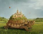  aircraft animal_focus artist_name cloud cloudy_sky commentary_request day dutch_commentary grass hot_air_balloon island_turtle mountainous_horizon on_grass original outdoors overcast painting_(medium) realistic scenery sky suzan_visser town traditional_media turtle 