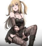  1girl amane_misa black_dress blonde_hair blue_eyes boots choker closed_mouth death_note detached_sleeves dress garter_straps gothic highres jewelry jourd4n lipstick long_hair looking_at_viewer makeup necklace sitting solo thighhighs thighhighs_under_boots two_side_up 