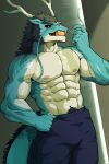  1boy abs antlers bara black_hair black_sclera blue_fur bulge chinese_zodiac colored_sclera dragon_boy dragon_ears dragon_horns dragon_tail eating food from_below fruit fur-tipped_tail furry furry_male highres horns large_pectorals long_hair long_mustache looking_at_viewer male_focus male_pubic_hair mature_male muscular muscular_male navel nipples original peach pectorals poroporo_08 pubic_hair pubic_hair_peek solo stomach strongman_waist tail thick_eyebrows topless_male year_of_the_dragon 