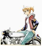  1girl blonde_hair blue_eyes glasses green_pants hand_on_own_knee hood hoodie isomoto_tsuyoshi jacket looking_at_viewer medium_hair on_motorcycle original pants patch ponytail simple_background smile solo vehicle_focus white_background white_hoodie 