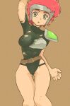  1girl armor bare_legs battle_damage belt breastarmor brown_belt brown_eyes covered_nipples drawfag faria_fuuin_no_tsurugi genderswap genderswap_(mtf) green_leotard headgear highres leotard light_blush non-web_source open_mouth pauldrons pink_hair protagonist_(faria_fuuin_no_tsurugi) shoulder_armor single_pauldron sweatdrop 