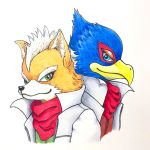  1:1 anthro avian beak black_nose blue_body blue_eyes blue_feathers canid canine cheek_tuft clothing duo eyebrows facial_tuft falco_lombardi feathers fox fox_mccloud green_eyes hair half-closed_eyes inner_ear_fluff jacket male mammal narrowed_eyes nintendo nyankogum red_body red_feathers smile star_fox topwear tuft video_games white_hair 
