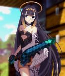  1girl :o bangs bare_shoulders black_gloves black_hair blue_eyes breasts cleavage crossover dayshiart detached_sleeves diamond_sword english_commentary gloves halo highres holding holding_sword holding_weapon hololive hololive_english light_blush long_hair minecraft mini_wings ninomae_ina&#039;nis open_mouth single_thighhigh small_breasts solo sword tentacle_hair thighhighs very_long_hair virtual_youtuber weapon 