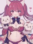  1girl :d animal_ears bangs bare_shoulders black_bow blush bow breasts cerberus_(shingeki_no_bahamut) cleavage collarbone detached_sleeves dog_ears eyebrows_visible_through_hair grey_background groin hair_between_eyes hand_puppet hands_up heart highres karunabaru long_hair long_sleeves looking_at_viewer medium_breasts navel open_mouth puppet red_eyes red_hair red_sleeves shadowverse simple_background smile solo twintails very_long_hair 