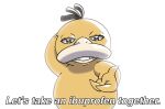 3_fingers anatid anseriform avian beak bird duck english_text eyelashes feathers female feral fingers generation_1_pokemon hand_on_head headache inviting looking_at_viewer nintendo pokemon pokemon_(species) psyduck reaching_out simple_background solo text vcreateart white_background yellow_body yellow_feathers