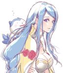  1girl blue_eyes blue_hair breasts cleavage eyelashes fire_emblem fire_emblem_engage flower from_side highres large_breasts long_hair looking_at_viewer lumera_(fire_emblem) parted_lips red_flower red_rose rose smile sommie_(fire_emblem) umi_(_oneinchswing) upper_body very_long_hair white_background 