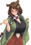  1girl :3 animal_ears breasts brown_eyes brown_hair checkered checkered_scarf cleavage closed_mouth ebi_193 futatsuiwa_mamizou glasses holding holding_pipe japanese_clothes kimono large_breasts looking_at_viewer pince-nez pipe raccoon_ears scarf short_hair simple_background smile solo touhou white_background 