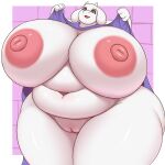 1:1 4_fingers absurd_res anthro belly big_breasts big_nipples border bovid breasts caprine clothed clothing deep_navel female fingers fur genitals goat hi_res hidenafox huge_breasts lifting_clothing mammal navel nipples open_mouth overweight overweight_anthro overweight_female pink_nipples pink_tongue purple_eyes pussy solo tongue toriel undertale_(series) white_body white_border white_fur
