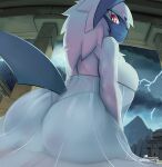 absol anthro big_breasts big_butt breasts butt clothing electricity female fur generation_3_pokemon lightning looking_at_viewer looking_back nintendo ozoneserpent pokemon pokemon_(species) pupils sitting solo thick_thighs thong translucent translucent_clothing underwear white_body white_fur